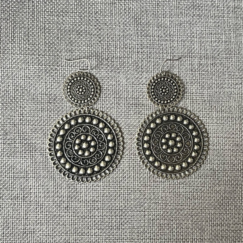 Boho Silver-Tone Mandala Drop Earrings